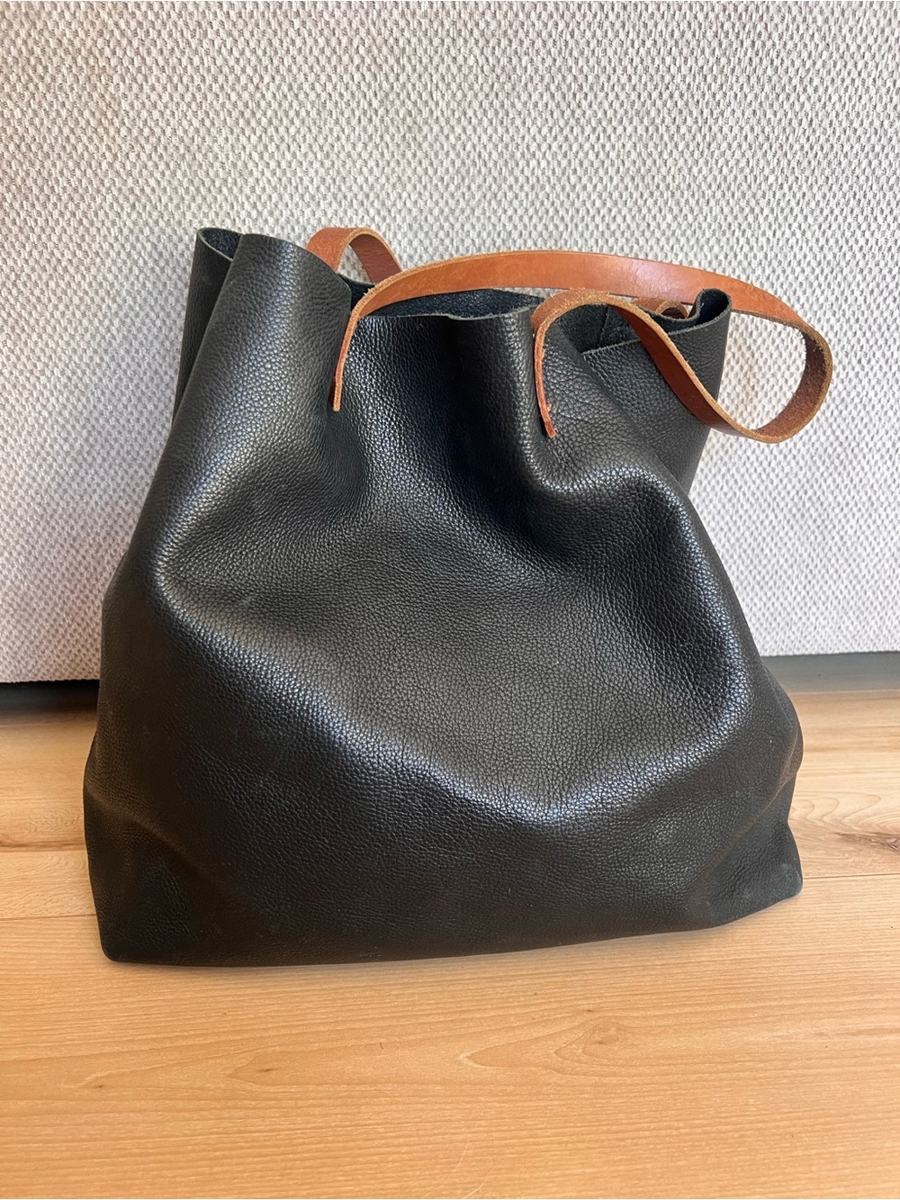 Black Leather Tote Bag with Brown Handles